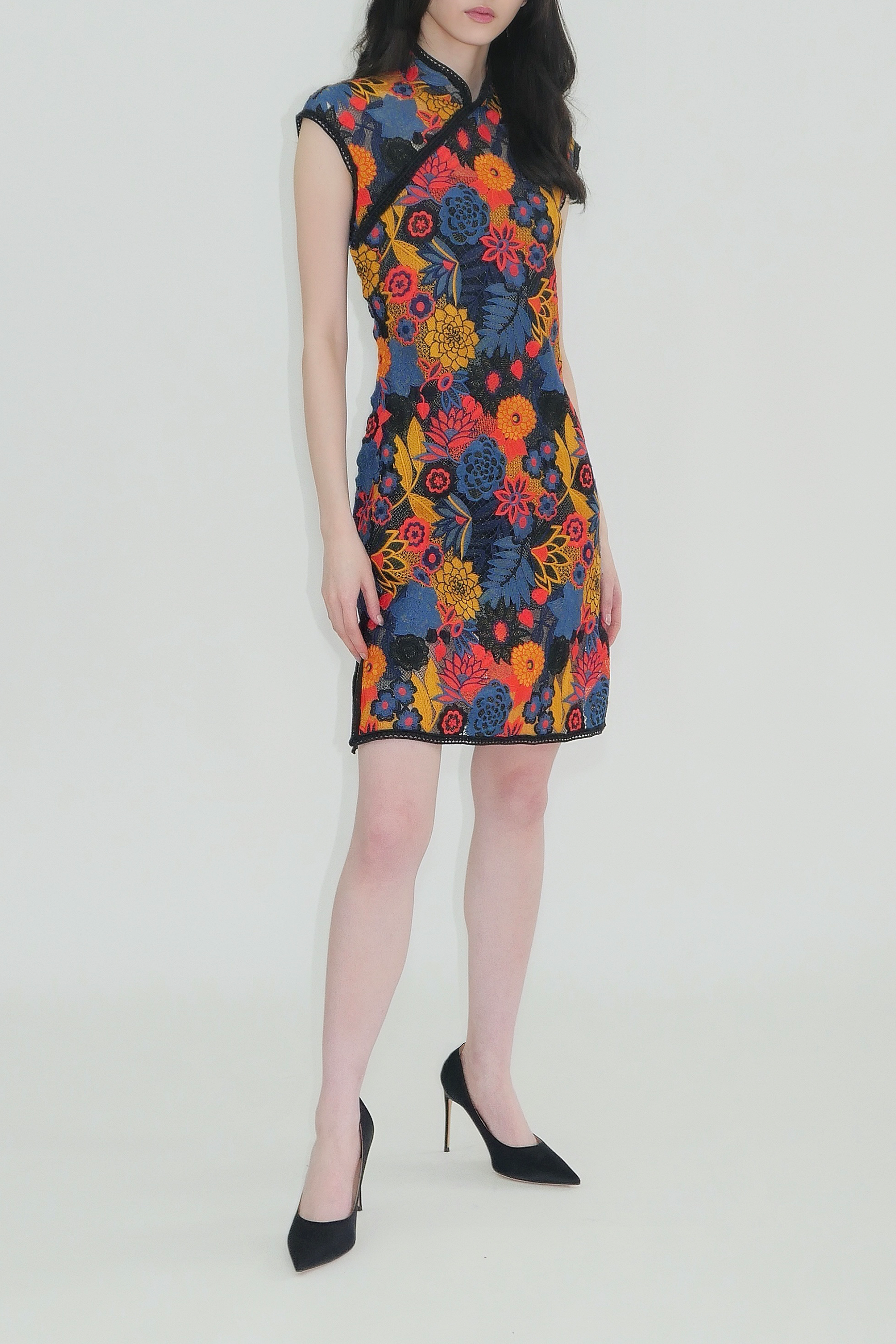 Blue Orange Floral Lace Qipao Mini Dress