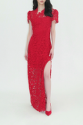 Red Tiles Lace Qipao Maxi Dress