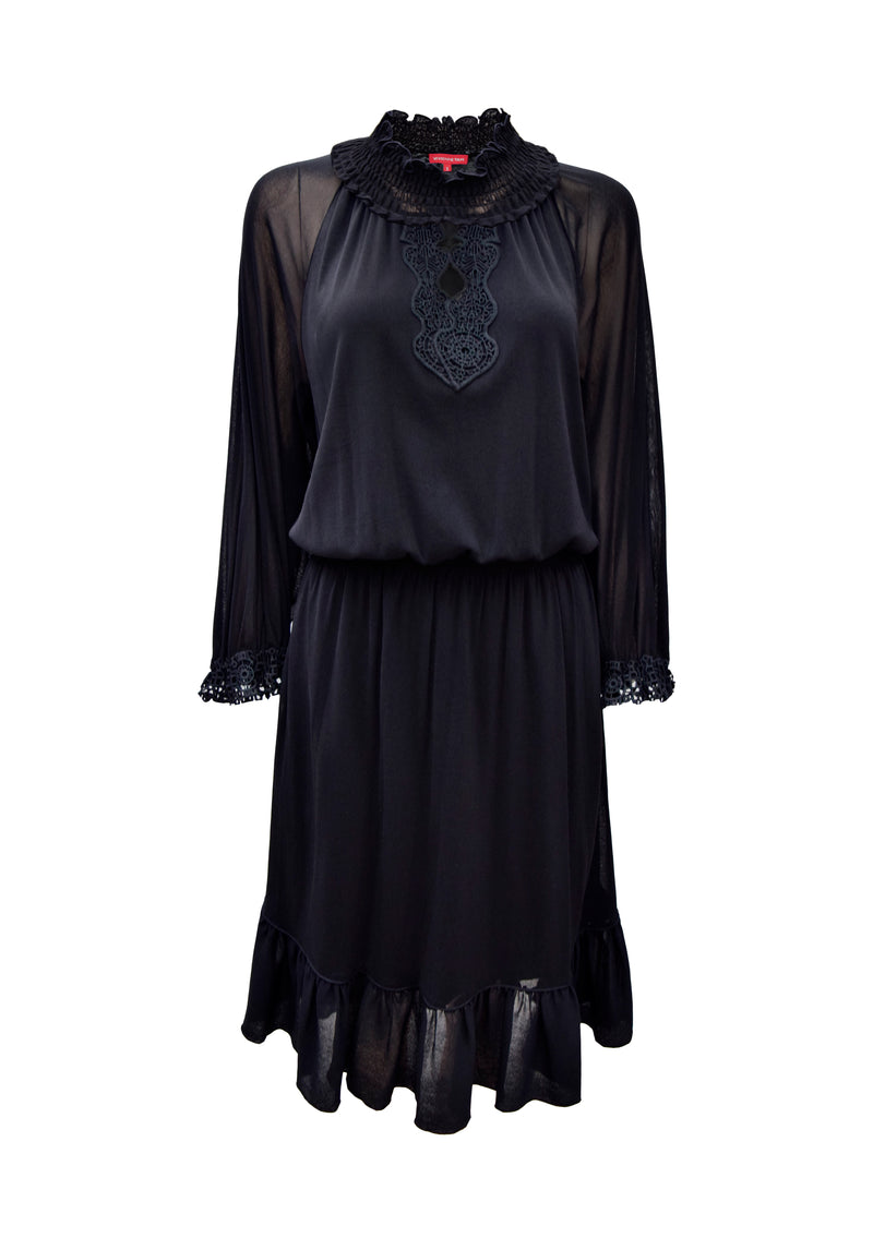 META LACE TURTLENECK SOLID STRETCH NETTING DRESS