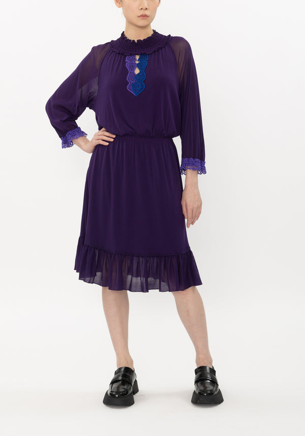 META LACE TURTLENECK SOLID STRETCH NETTING DRESS