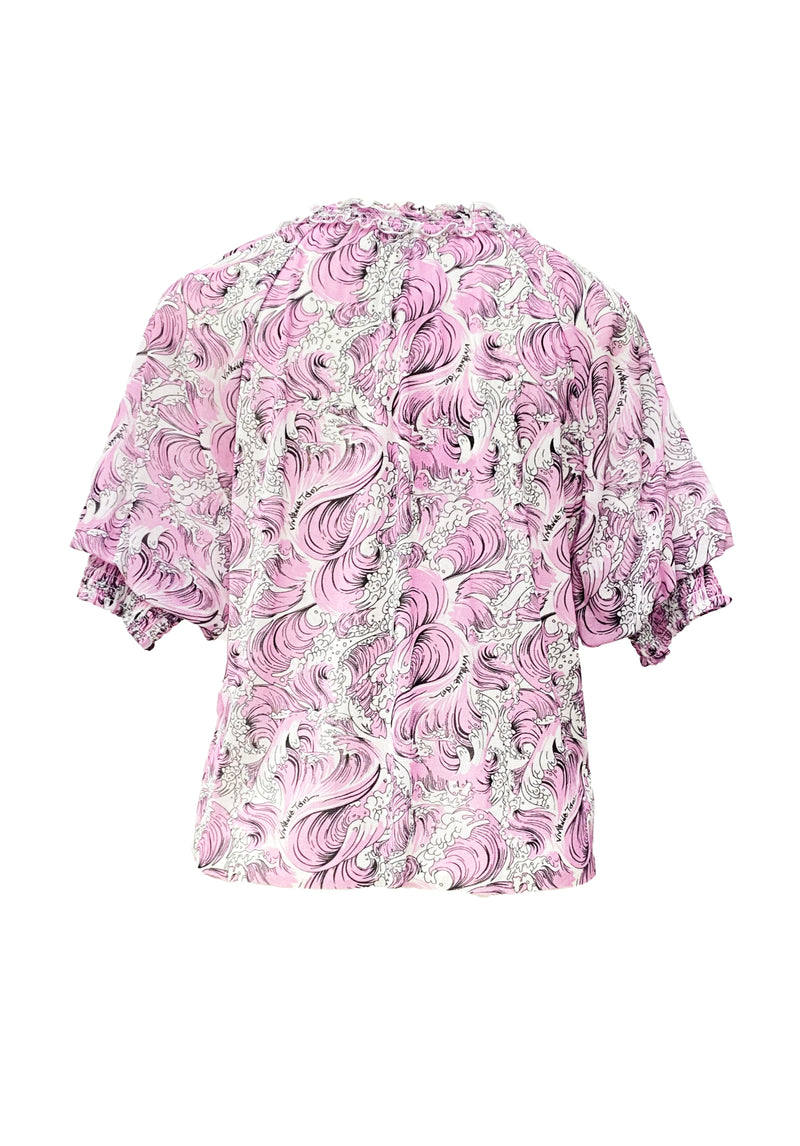 SEA WAVE PRINT RUFFLE NECKLINE NETTING TOP