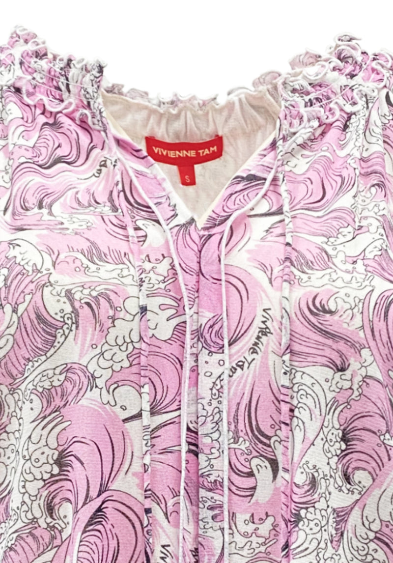 SEA WAVE PRINT RUFFLE NECKLINE NETTING TOP