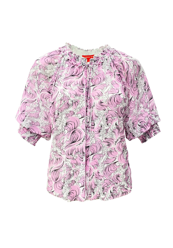 SEA WAVE PRINT RUFFLE NECKLINE NETTING TOP