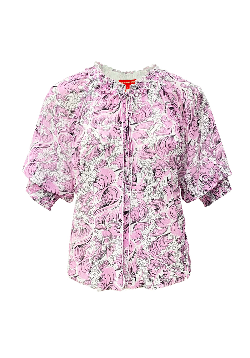 SEA WAVE PRINT RUFFLE NECKLINE NETTING TOP