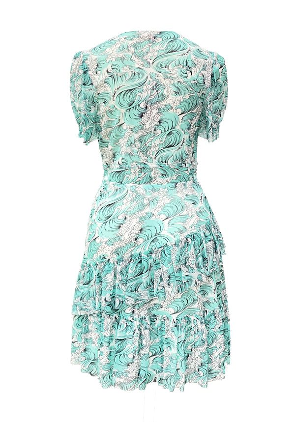SEA WAVE PRINT RUFFLE NETTING DRESS