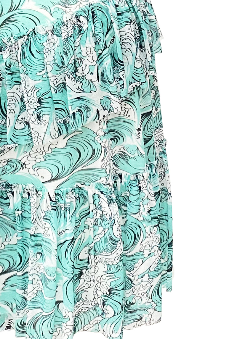 SEA WAVE PRINT RUFFLE NETTING DRESS