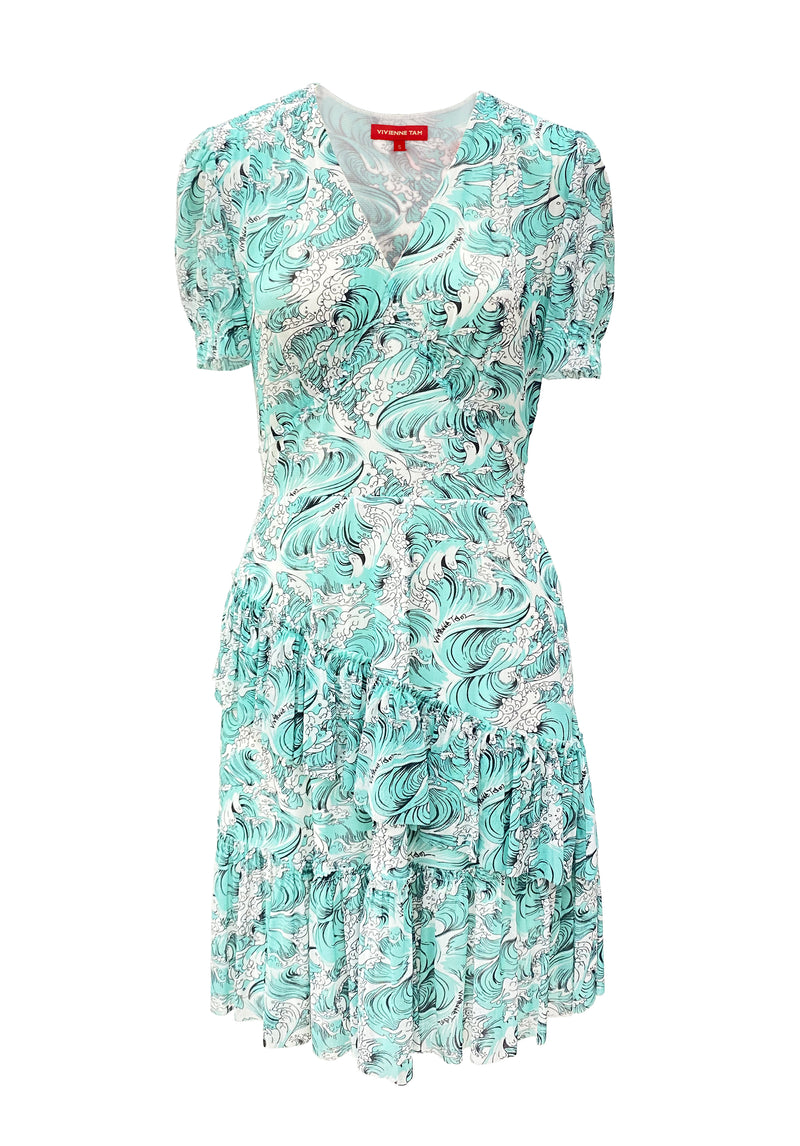 SEA WAVE PRINT RUFFLE NETTING DRESS