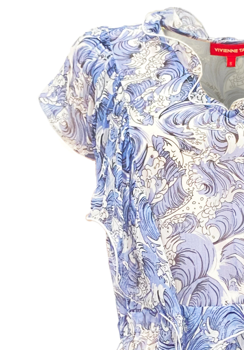 SEA WAVE PRINT RUFFLE CHIFFON DRESS