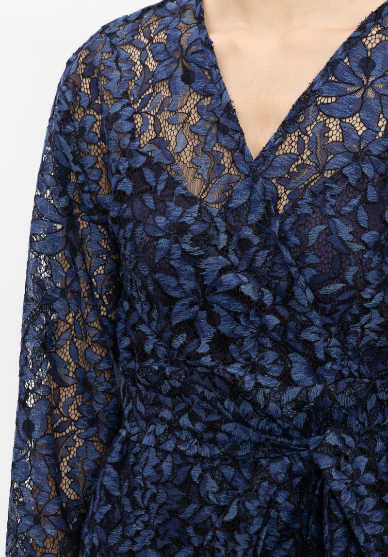 BLUE FLOWER LACE WRAP DRESS