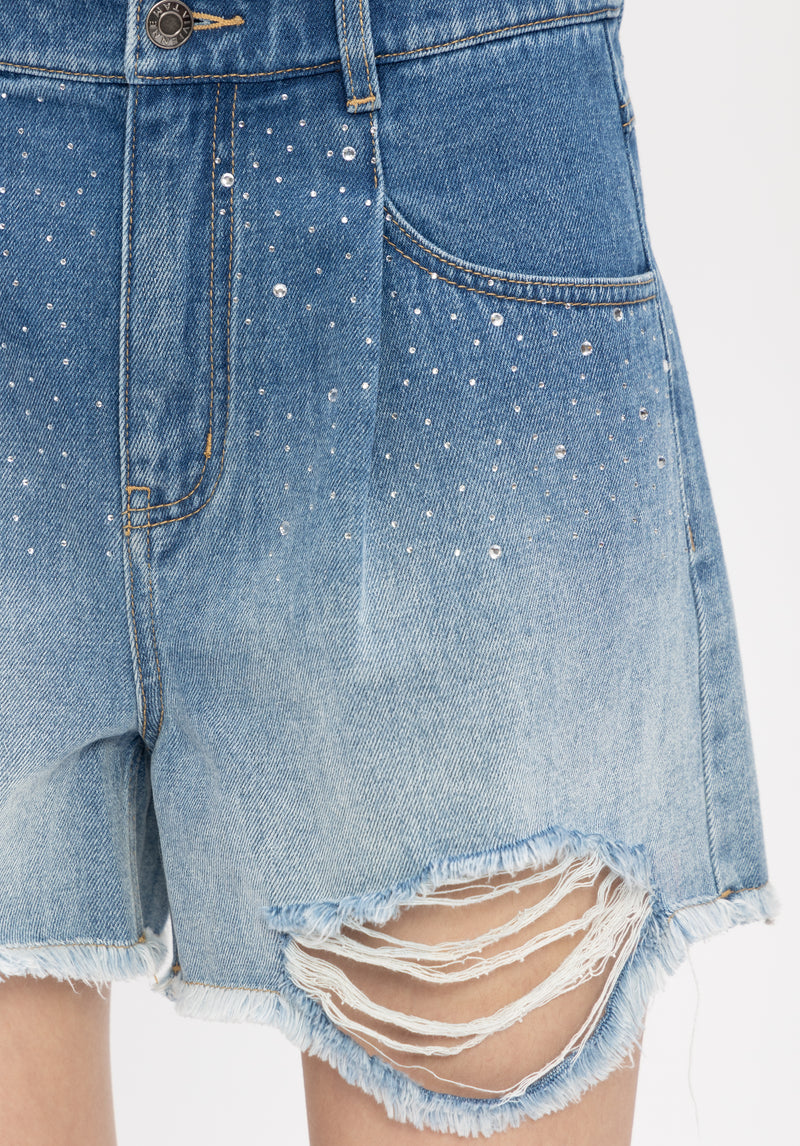 GRADIATION CRYSTAL STONE DENIM DISTRESSED SHORTS