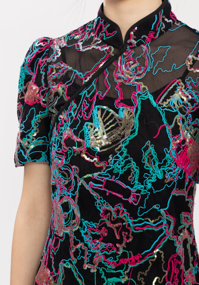 CITY FIREWORK EMBROIDERY CHEONGSAM DRESS