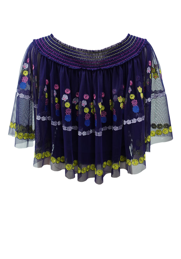 FRUIT ELEMENTS EMB ON RIGID NETTING OFF SHOULDER BLOUSE