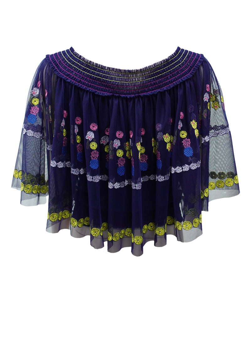 FRUIT ELEMENTS EMB ON RIGID NETTING OFF SHOULDER BLOUSE