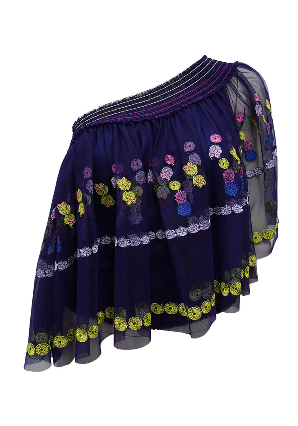 FRUIT ELEMENTS EMB ON RIGID NETTING OFF SHOULDER BLOUSE