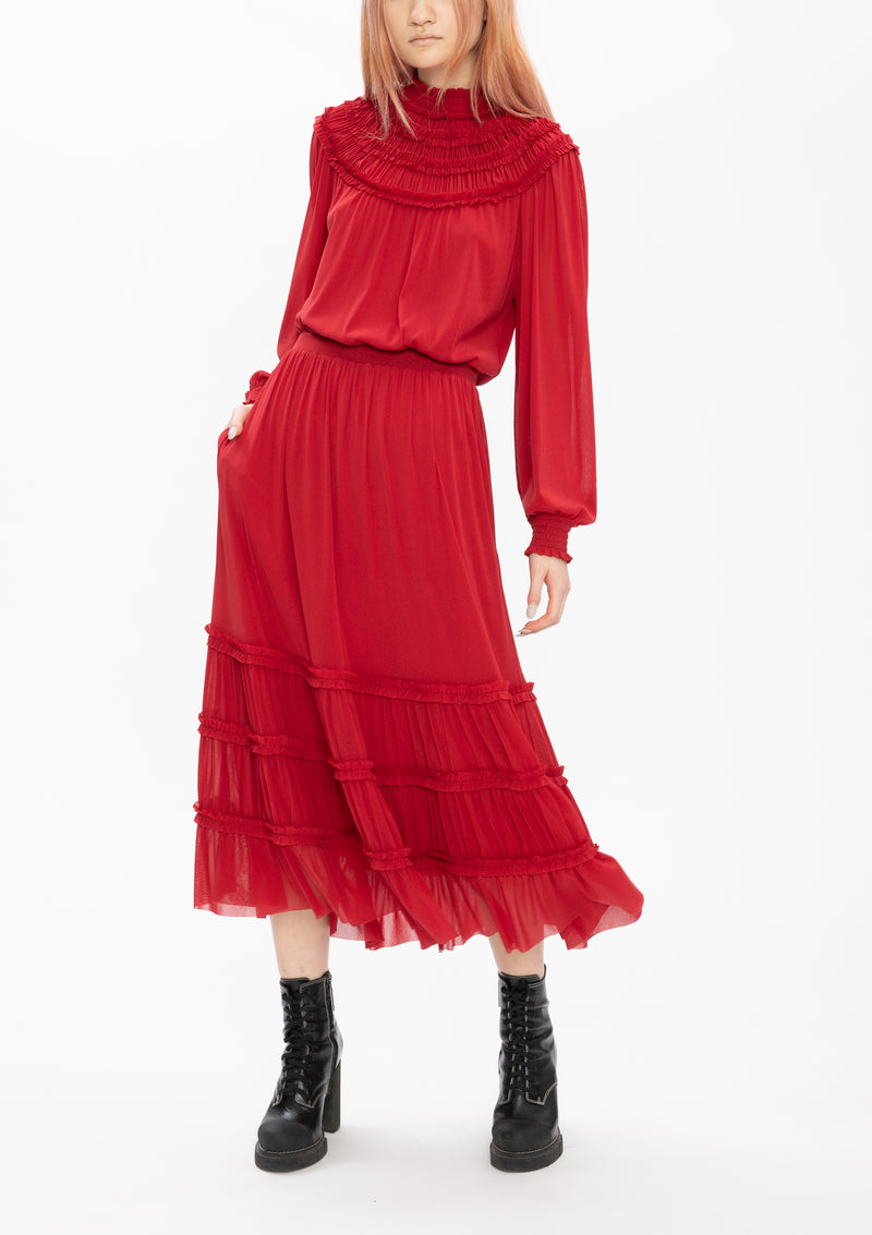 RUSTY RED HIGH COLLAR PLEATED NETTING DRESS