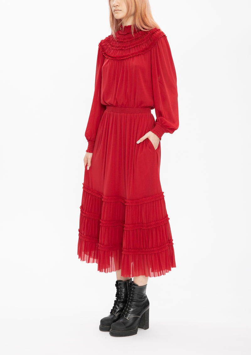 RUSTY RED HIGH COLLAR PLEATED NETTING DRESS