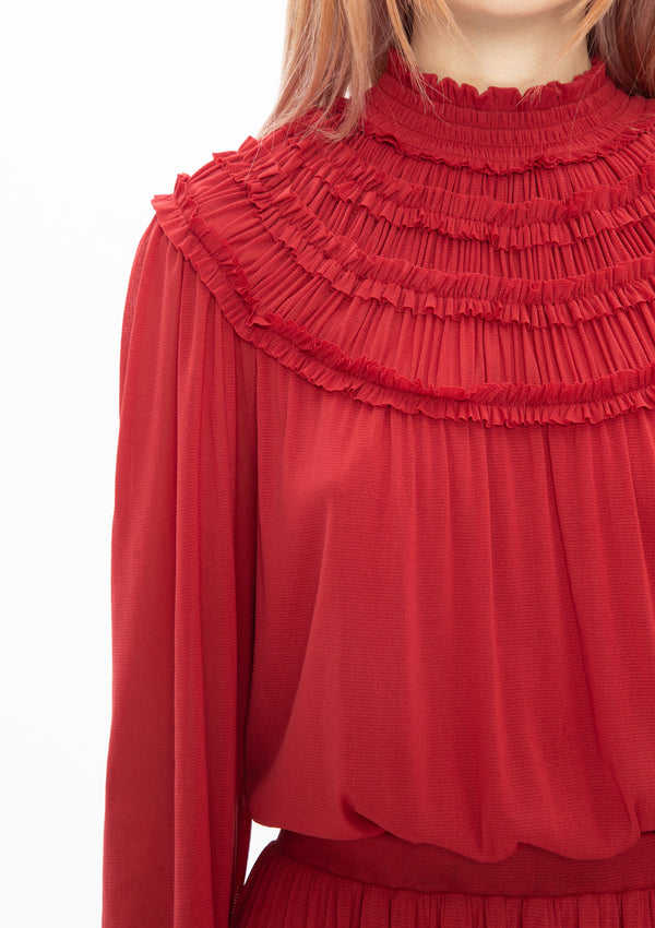 RUSTY RED HIGH COLLAR PLEATED NETTING DRESS