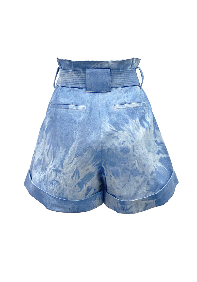 TIE DYE DENIM BELTED SHORTS