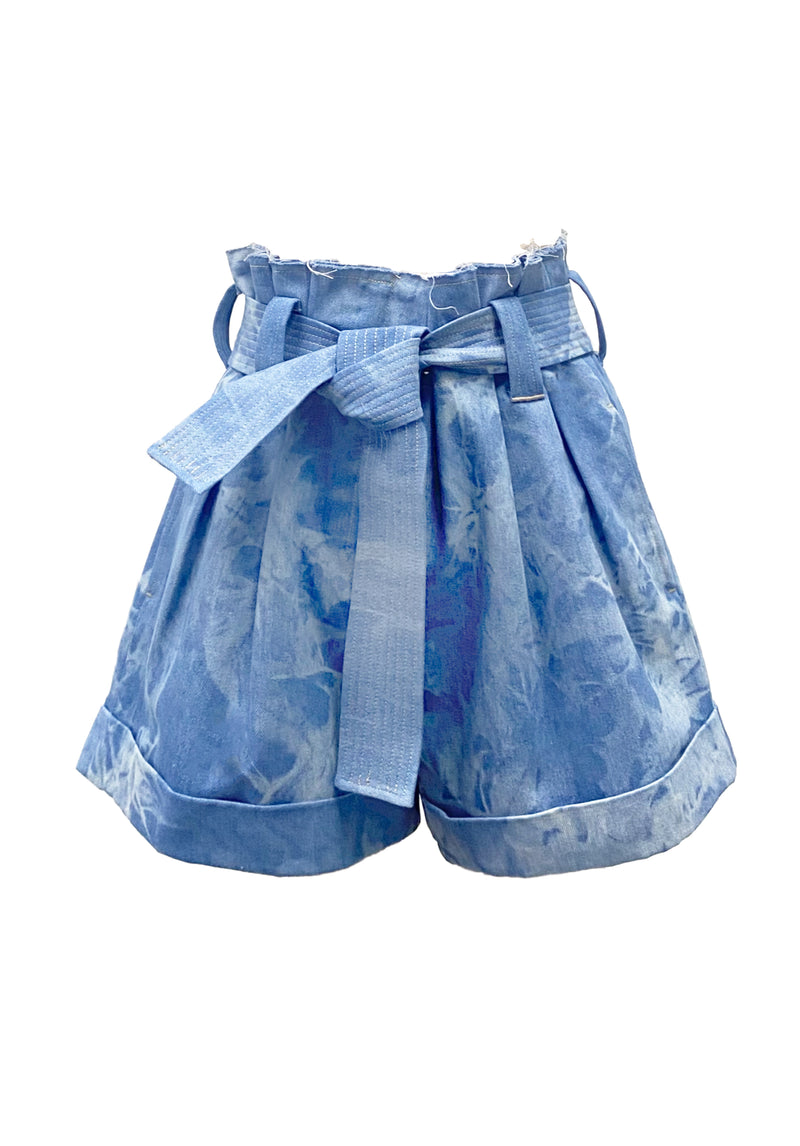 TIE DYE DENIM BELTED SHORTS