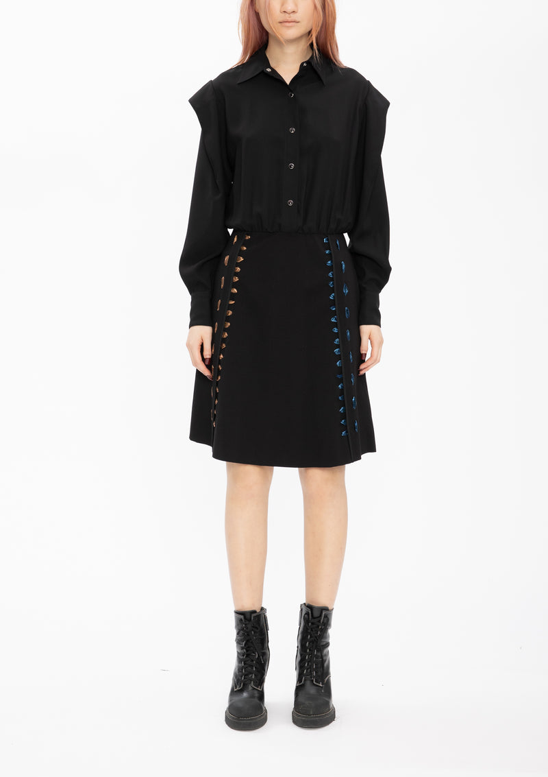 TEXTURE FAUX LEATHER PONTI BLACK LACING DRESS