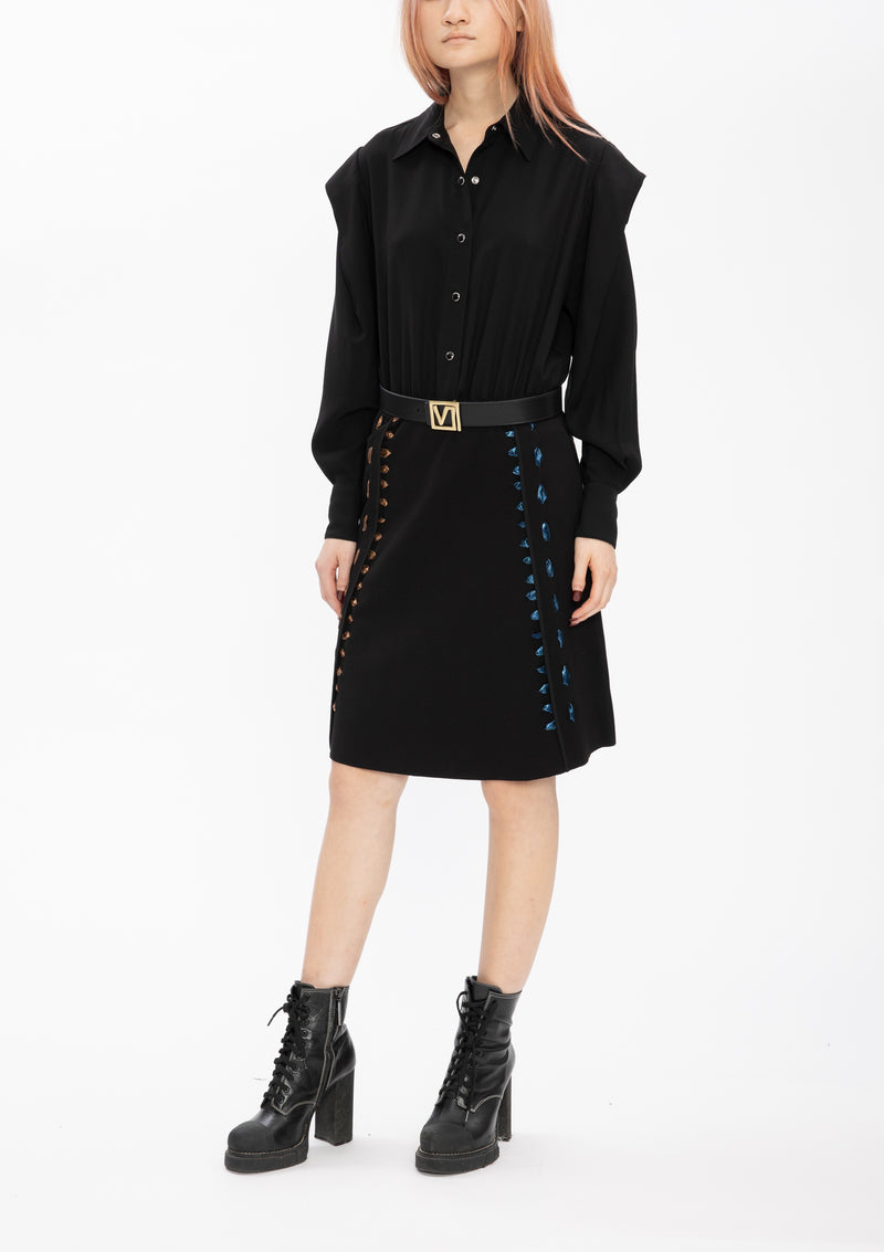TEXTURE FAUX LEATHER PONTI BLACK LACING DRESS