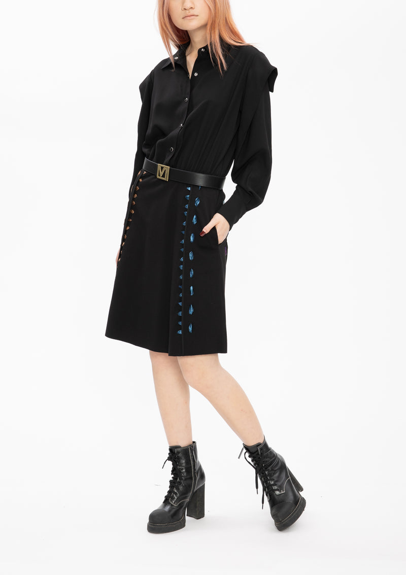 TEXTURE FAUX LEATHER PONTI BLACK LACING DRESS