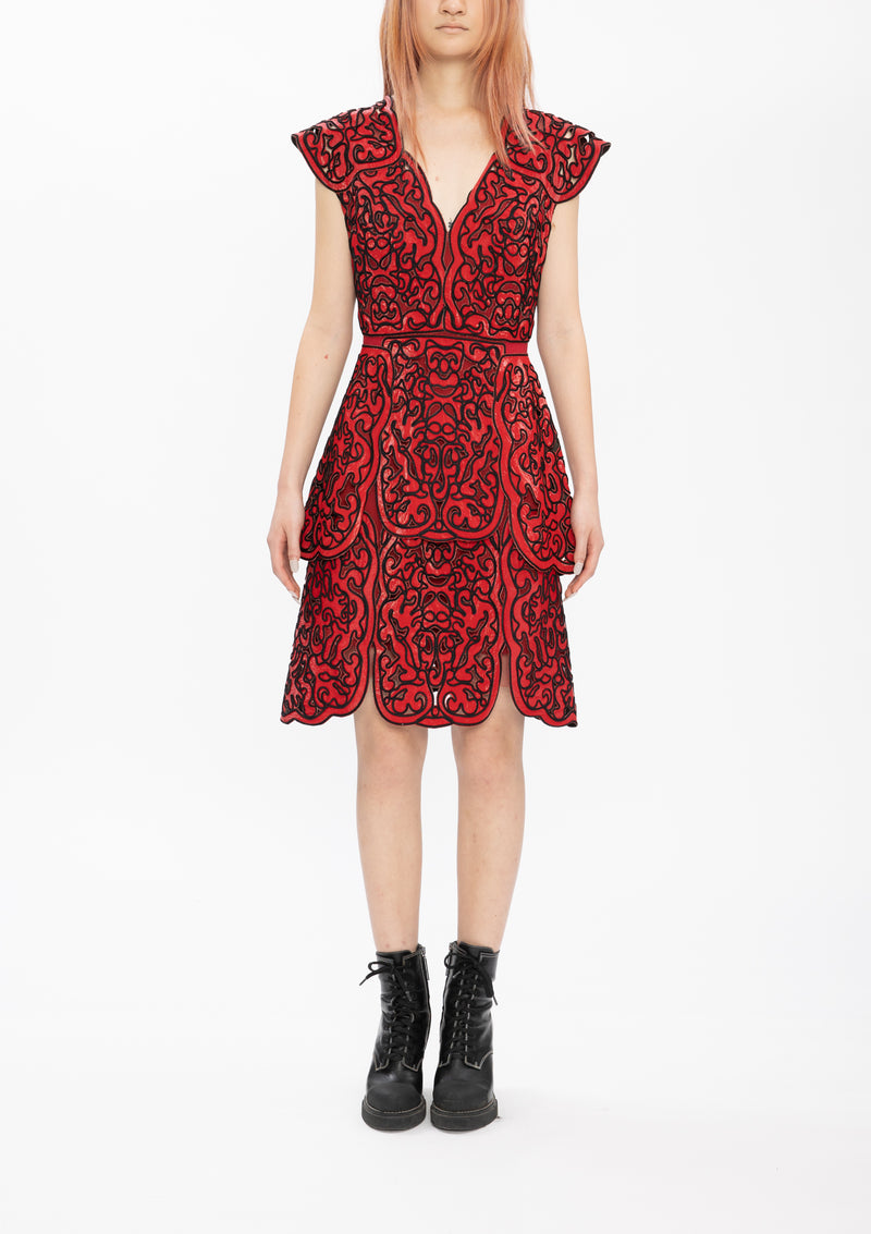 RED CORDING CUT OUT LACE GLOSSY WOVEN DRESS – Vivienne Tam Store