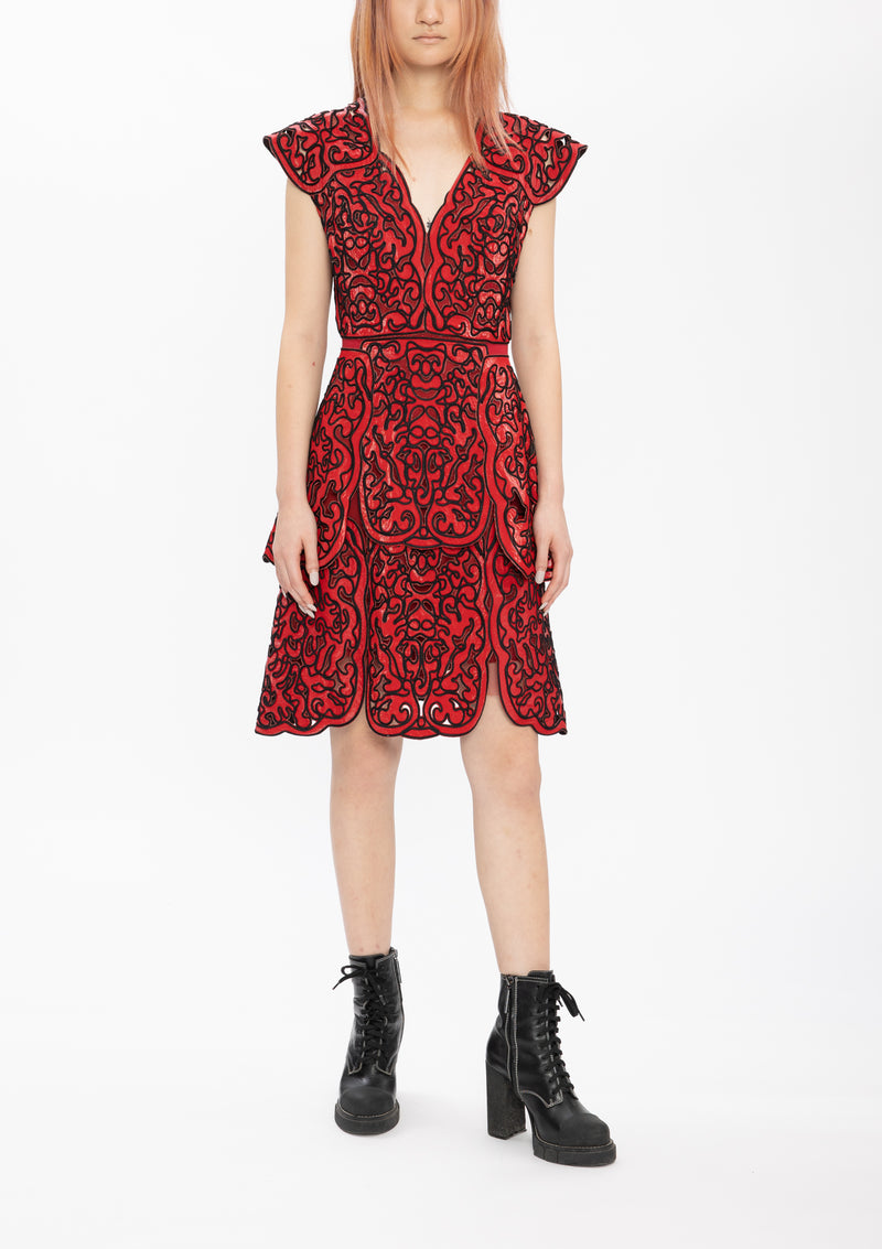 RED CORDING CUT OUT LACE GLOSSY WOVEN DRESS