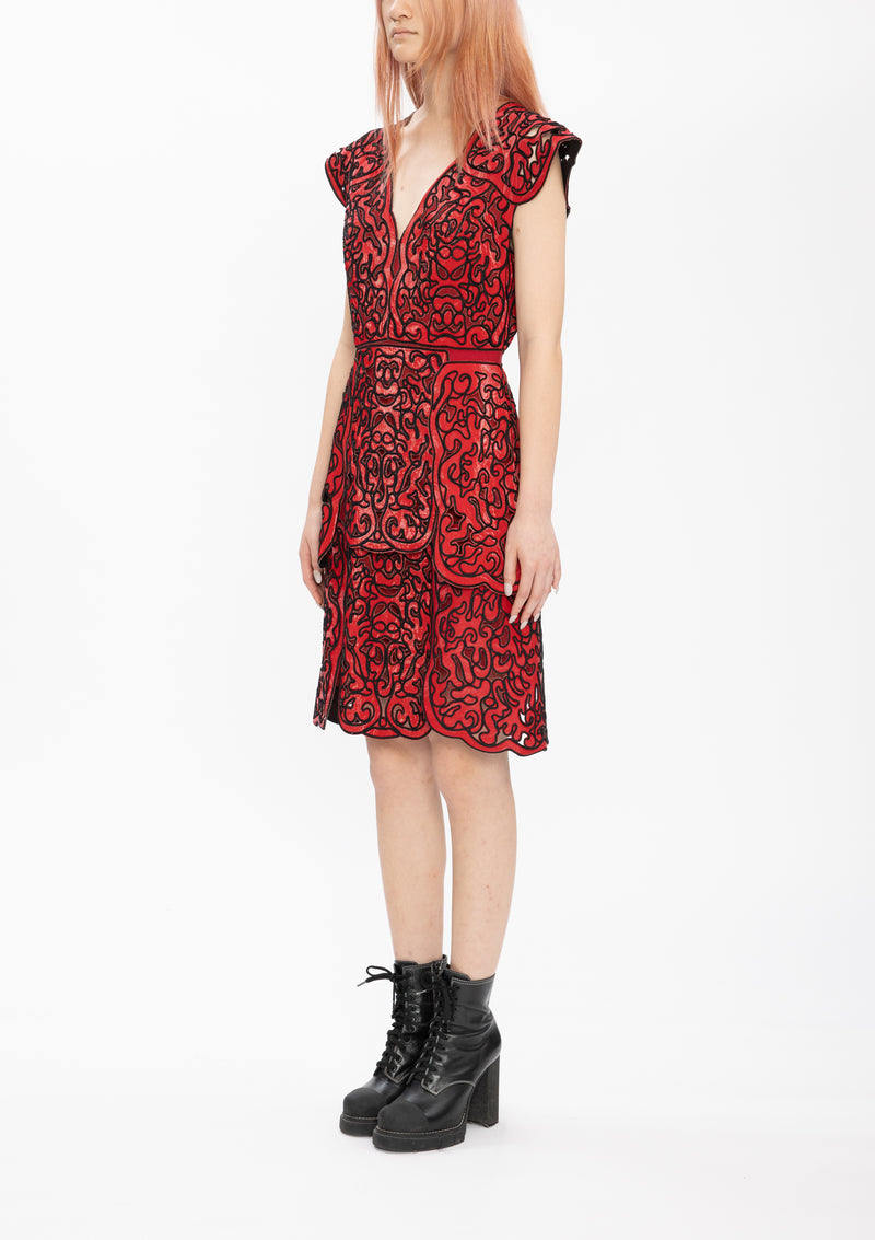 RED CORDING CUT OUT LACE GLOSSY WOVEN DRESS
