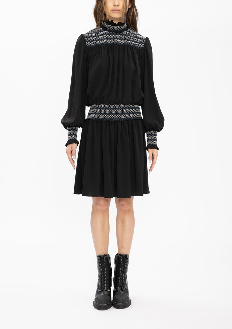 BLACK SMOCKING POLY CREPE DRESS
