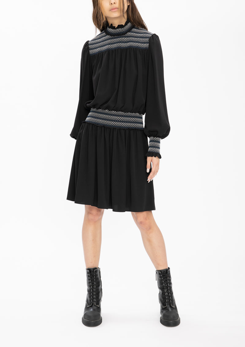 BLACK SMOCKING POLY CREPE DRESS