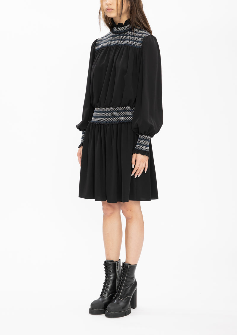 BLACK SMOCKING POLY CREPE DRESS