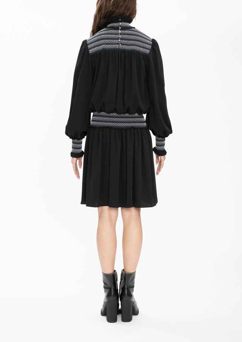BLACK SMOCKING POLY CREPE DRESS