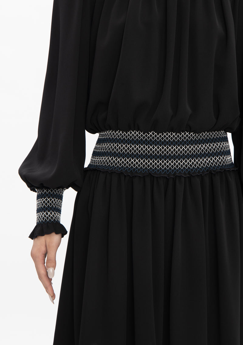 BLACK SMOCKING POLY CREPE DRESS