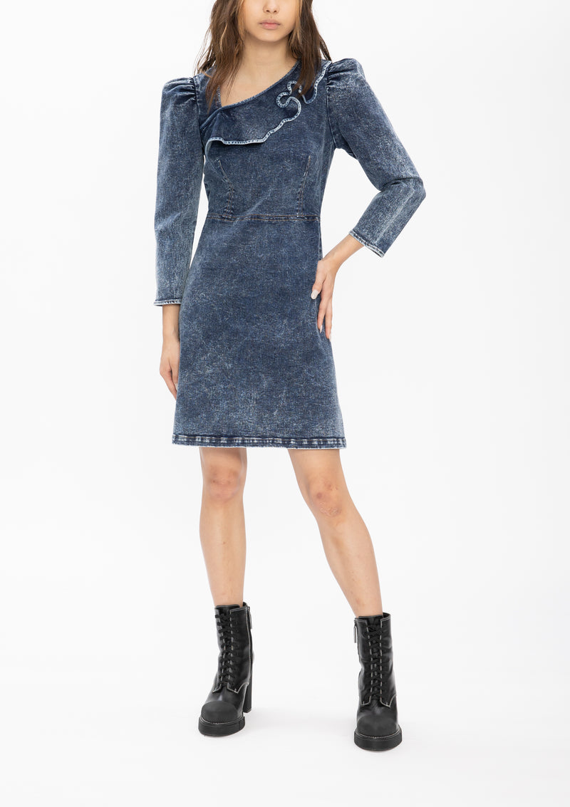 RUYI DENIM GREY COTTON RUFFLE DRESS