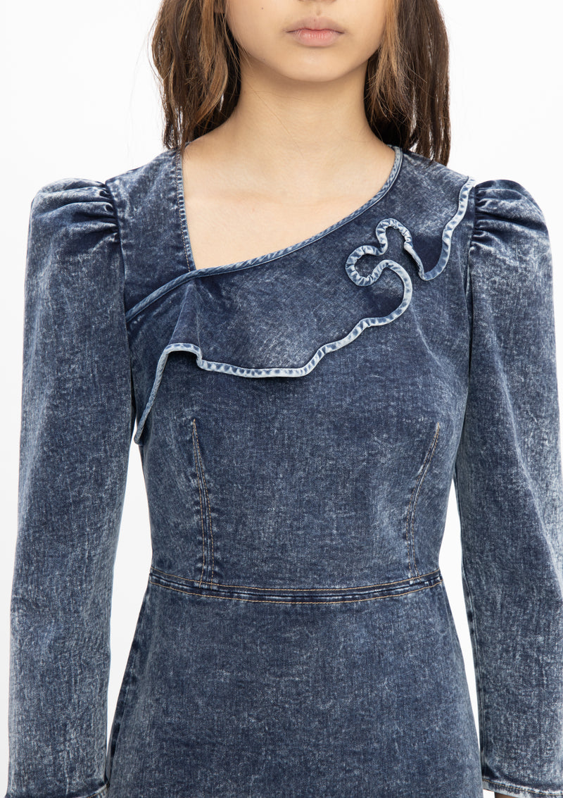 RUYI DENIM GREY COTTON RUFFLE DRESS