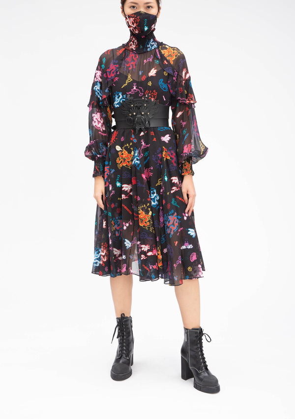 GRAFFITI DRAGON HIGH COLLAR RUFFLE SILK DRESS