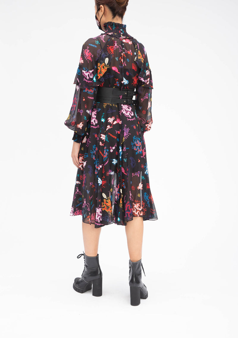 GRAFFITI DRAGON HIGH COLLAR RUFFLE SILK DRESS