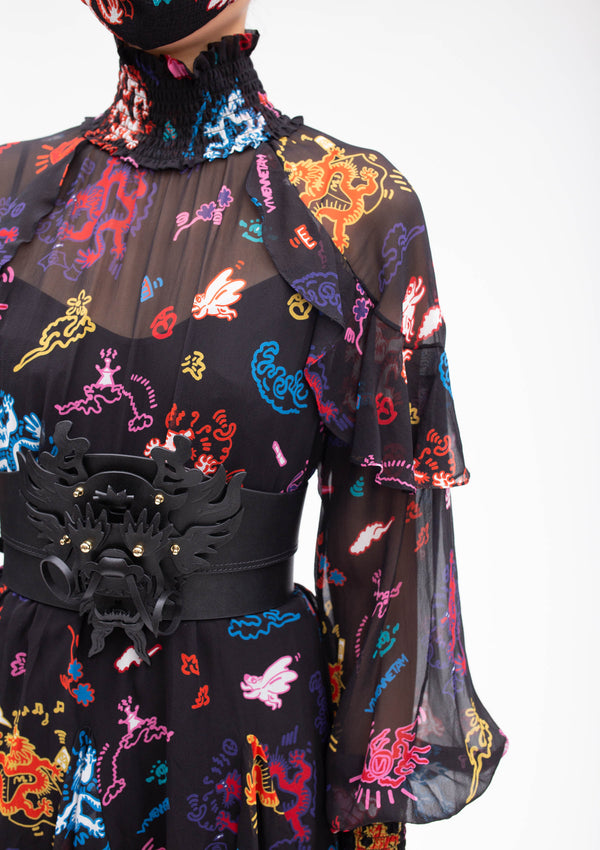 GRAFFITI DRAGON HIGH COLLAR RUFFLE SILK DRESS