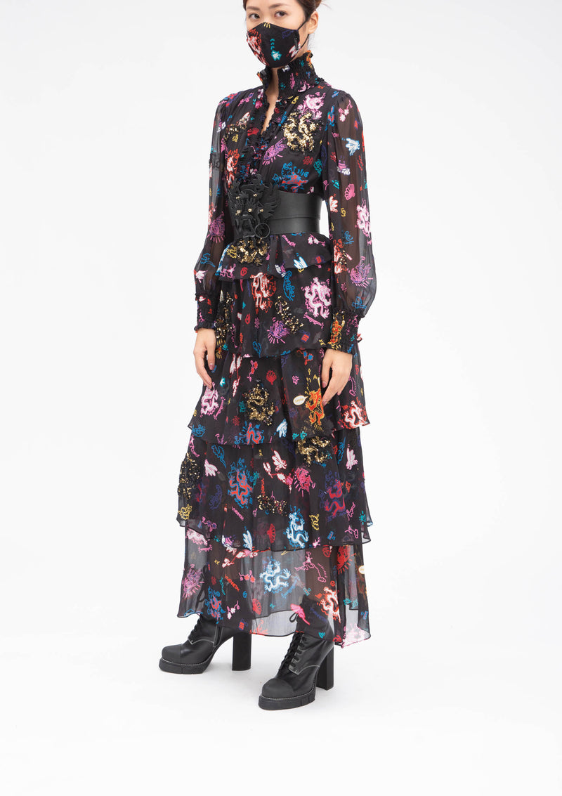 GRAFFITI DRAGON HIGH COLLAR BLACK RUFFLE SILK GOWN