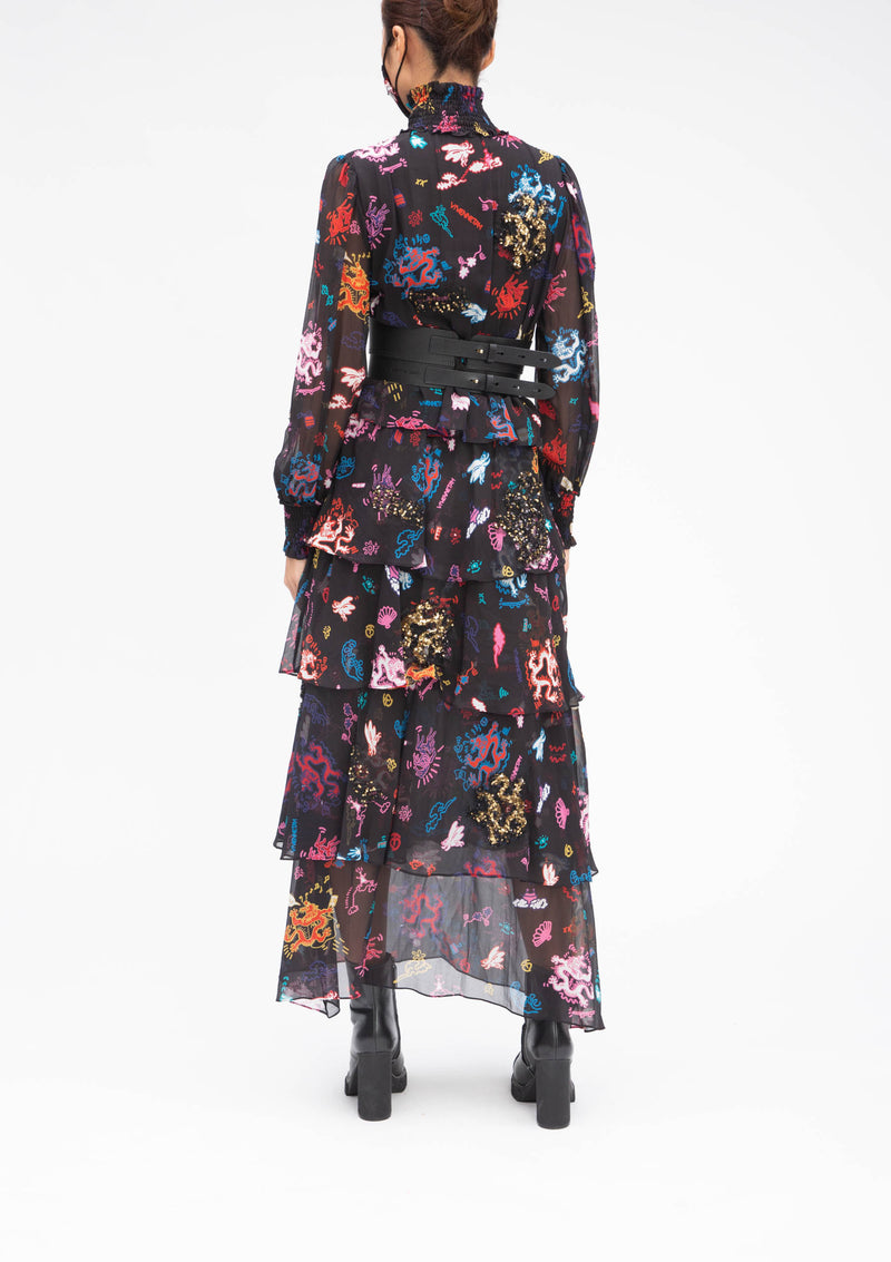 GRAFFITI DRAGON HIGH COLLAR BLACK RUFFLE SILK GOWN