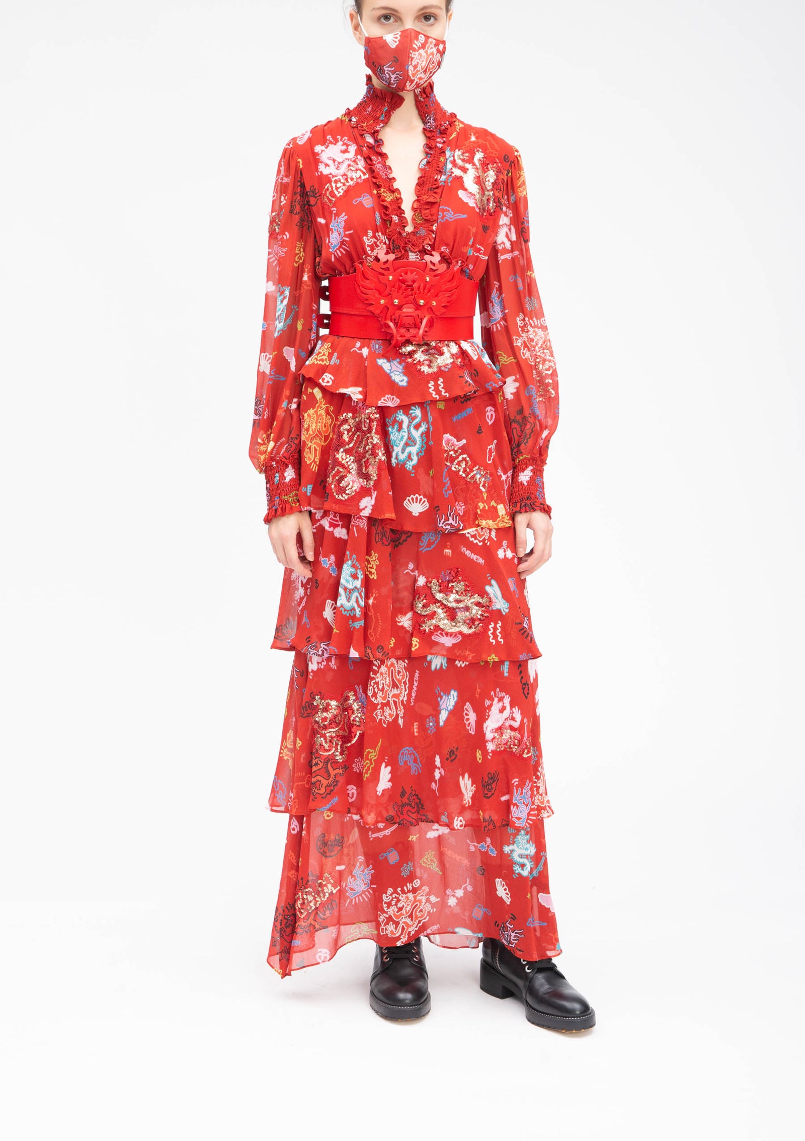 パーティードレス Silk Dragon Print Twill Ruffle Neck Dress Dragons Damask Twirl Dress