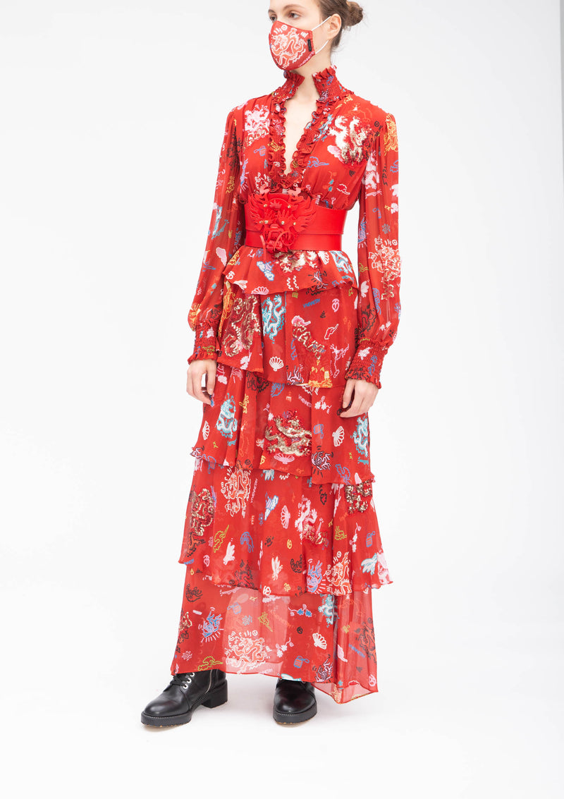 GRAFFITI DRAGON HIGH COLLAR RED RUFFLE SILK GOWN