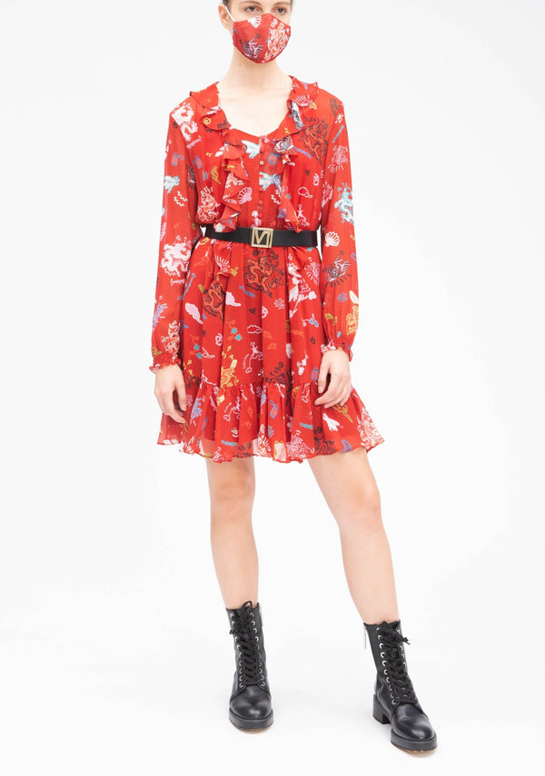 GRAFFITI DRAGON RUFFLE SILK DRESS