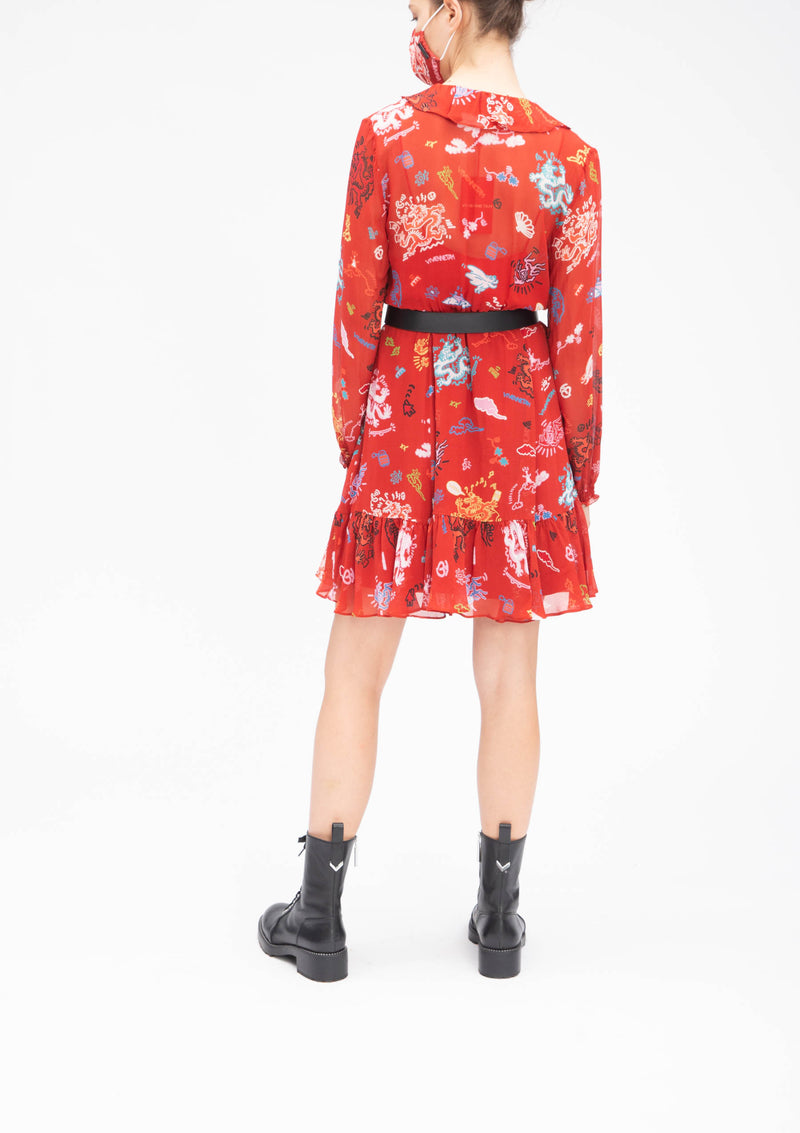 GRAFFITI DRAGON RUFFLE SILK DRESS