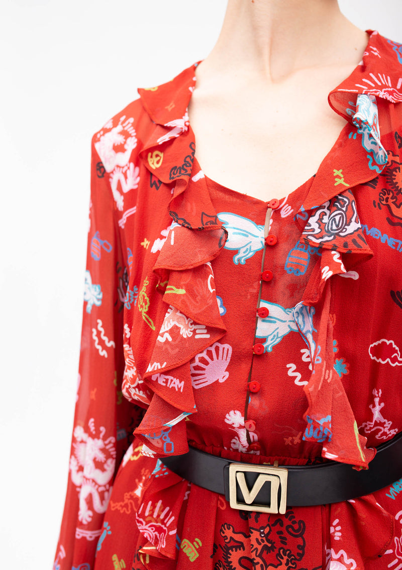 GRAFFITI DRAGON RUFFLE SILK DRESS