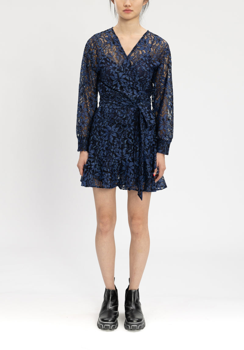 BLUE FLOWER LACE WRAP DRESS