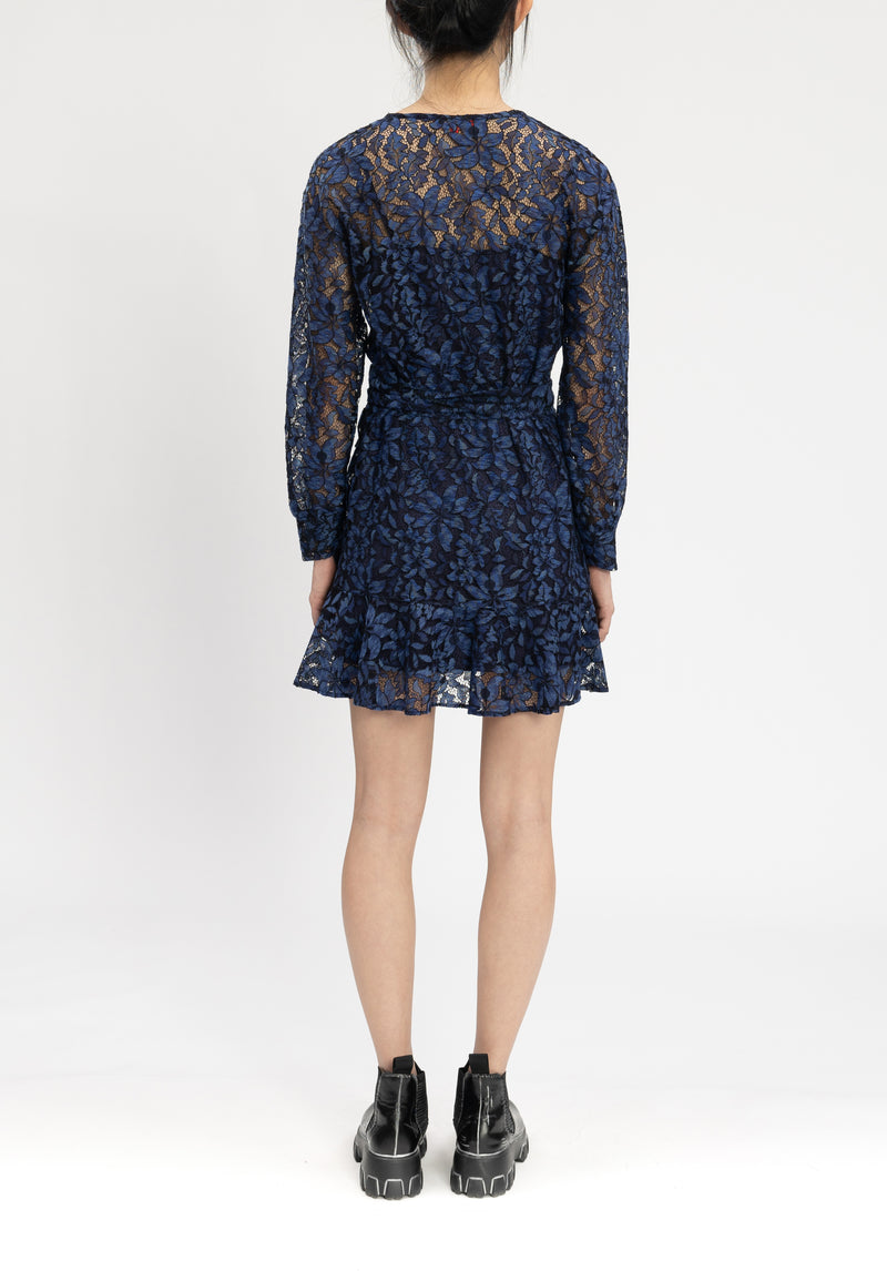 BLUE FLOWER LACE WRAP DRESS