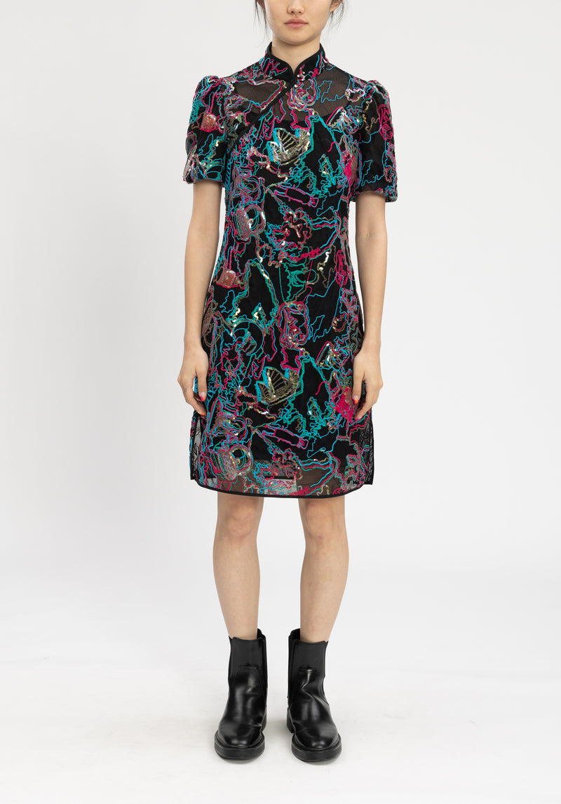 CITY FIREWORK EMBROIDERY CHEONGSAM DRESS