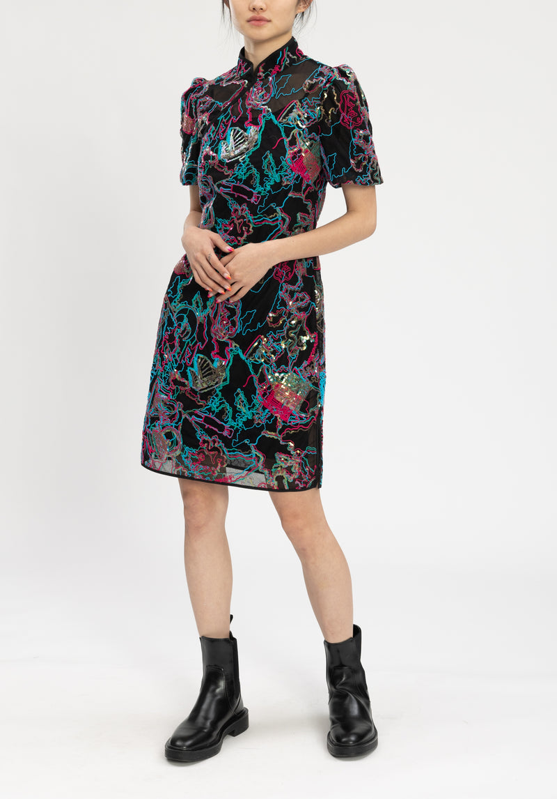CITY FIREWORK EMBROIDERY CHEONGSAM DRESS